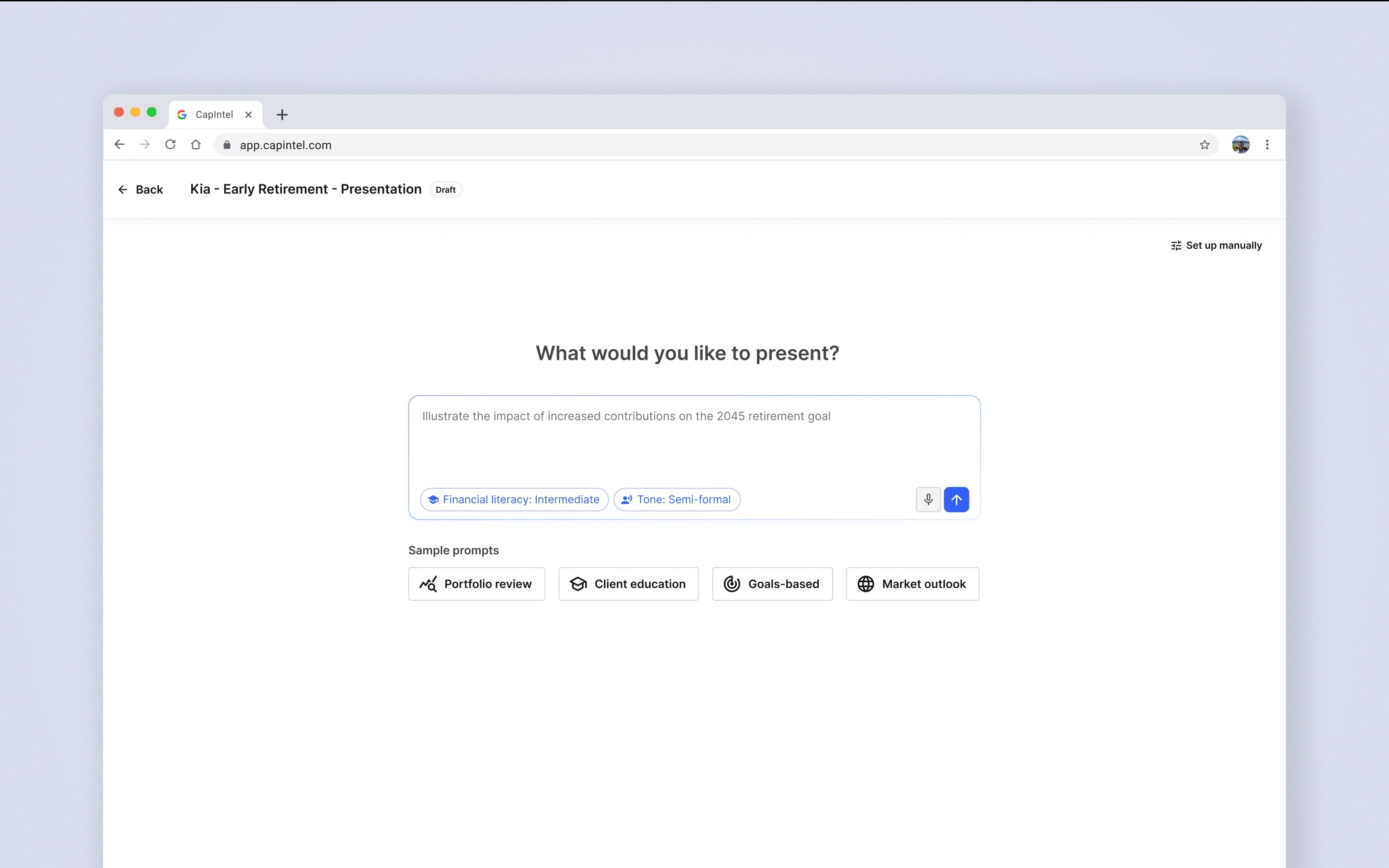 AI Proposals showing an advisor's client context and investment details