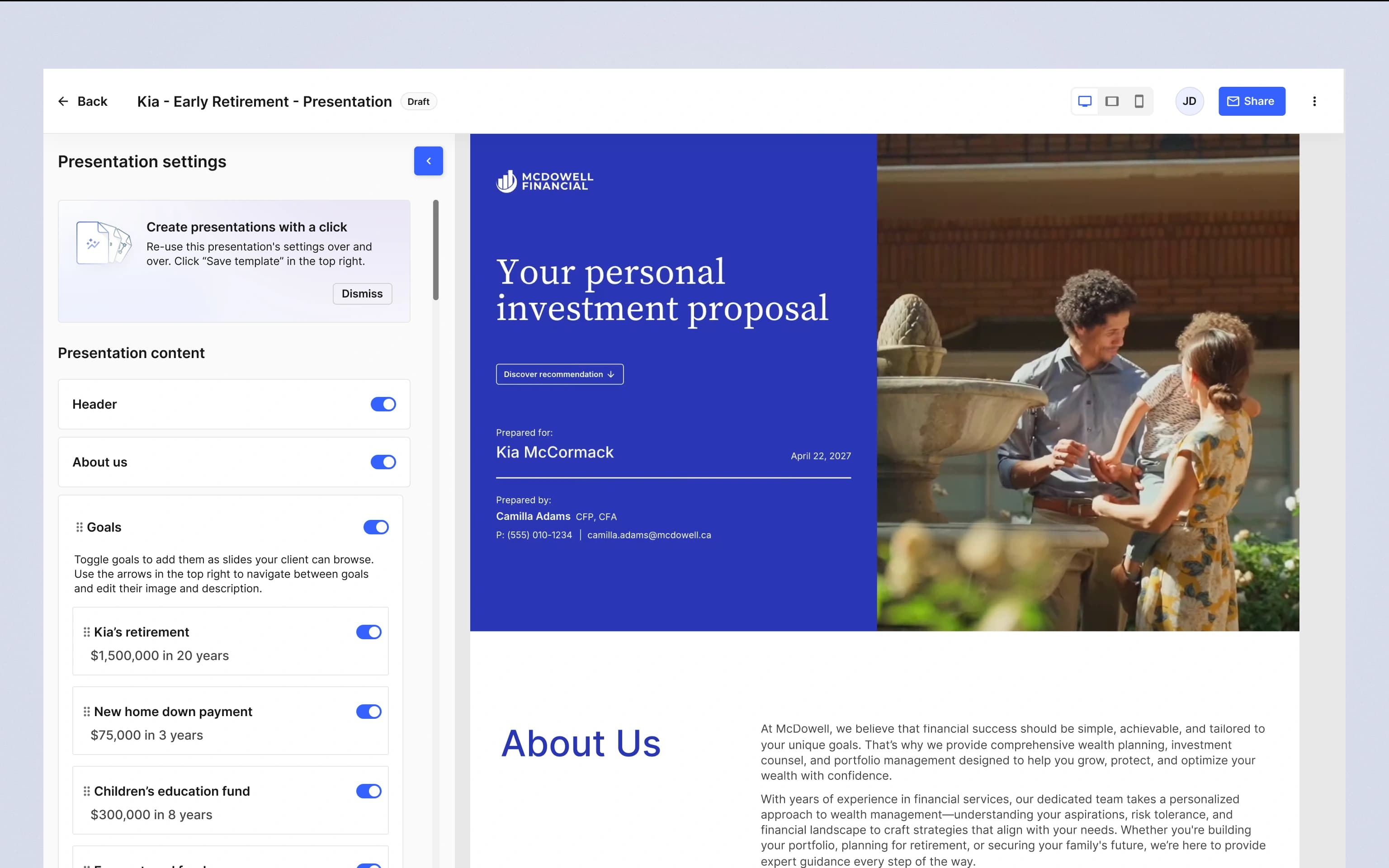 A finished, client-ready investment proposal in AI Proposals