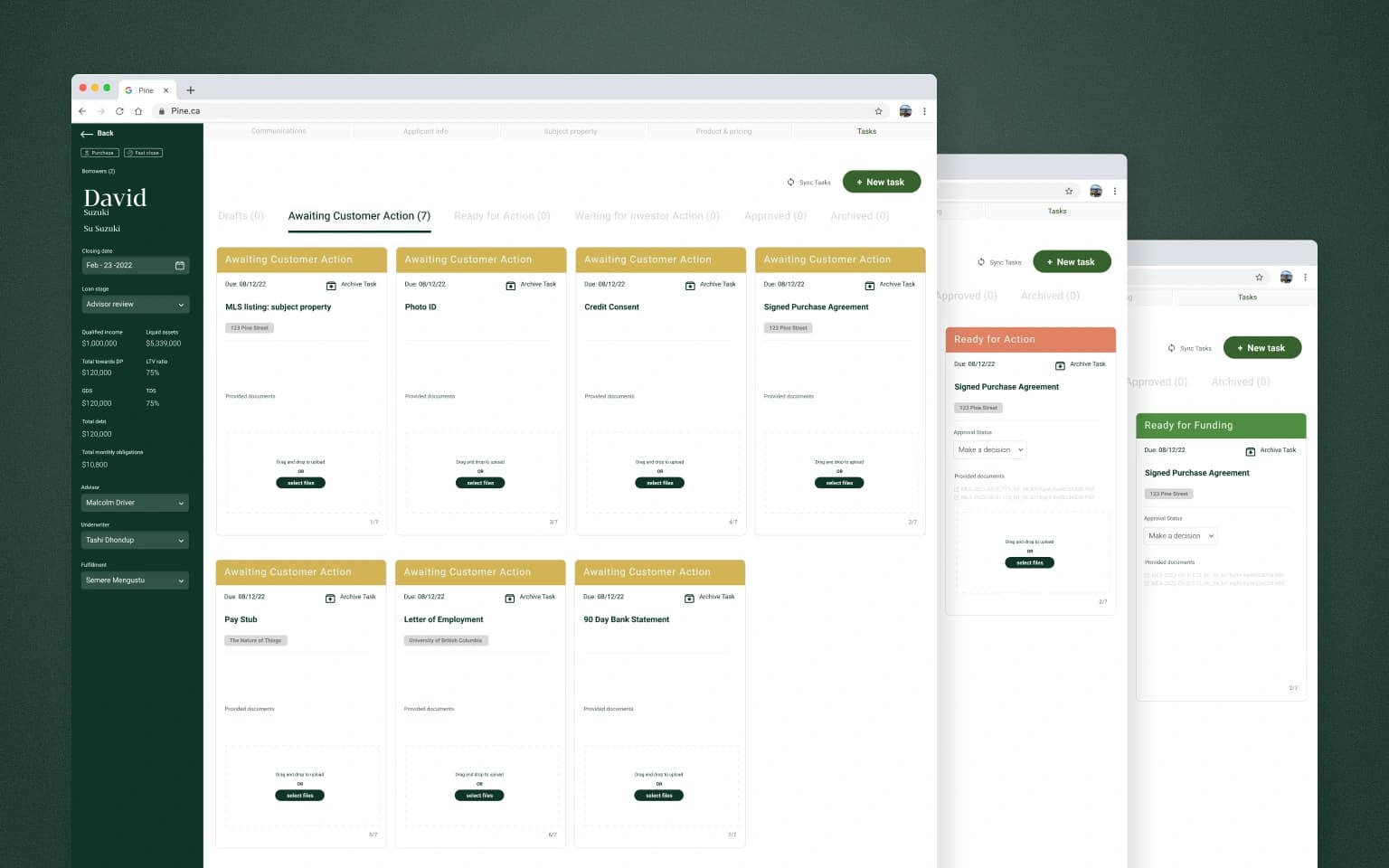 A borrower's task checklist in Evergreen, listing documents awaiting customer action such as photo ID and pay stubs