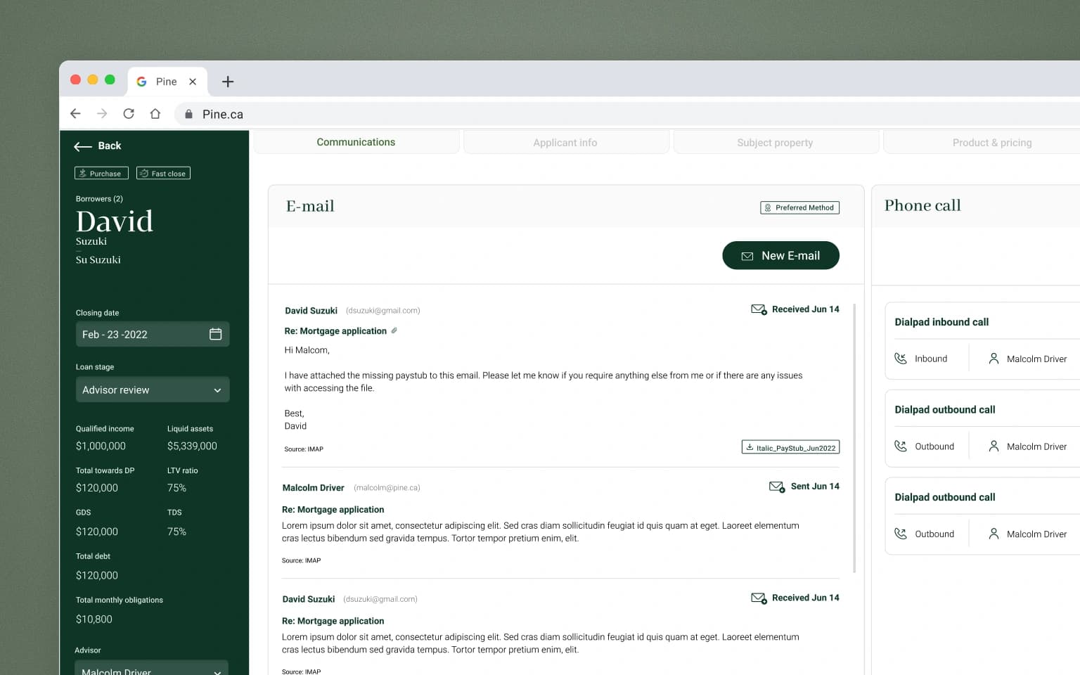 Evergreen's communications panel, showing an email thread with a borrower alongside a log of inbound and outbound calls