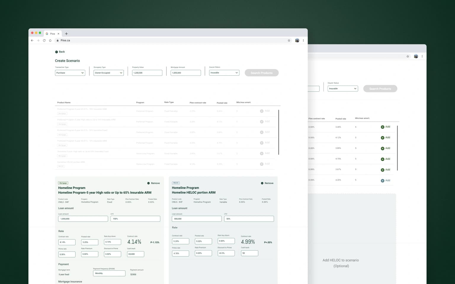 Evergreen's scenario builder, comparing mortgage and HELOC product options side by side with live rate and payment details