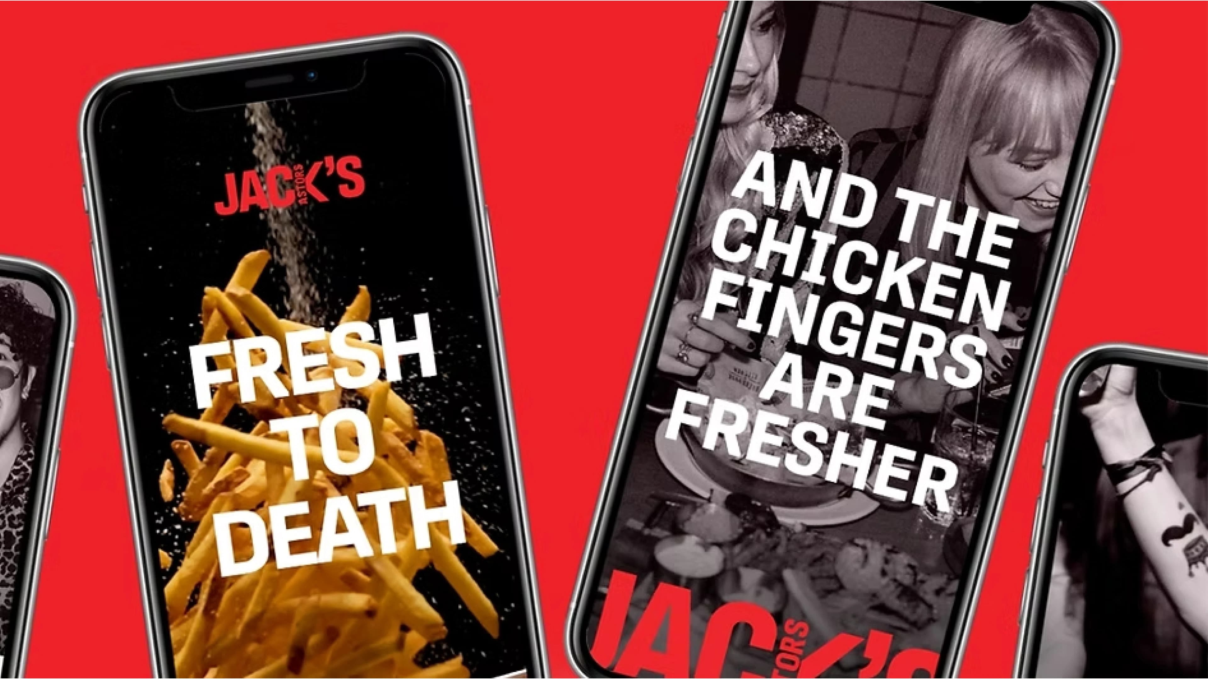 Mobile ad creative for Jack's — 'Fresh to death' over a pile of fries, and 'And the chicken fingers are fresher' over a table of food and drinks