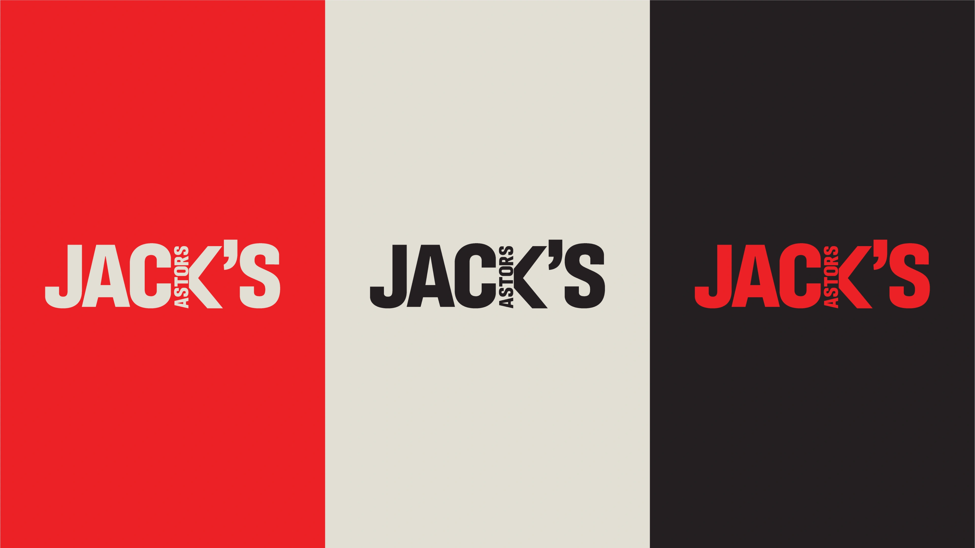The Jack's logo shown in three lockups — red on cream, black on cream, and red on black — each paired with the 'Live Free and Eat' tagline