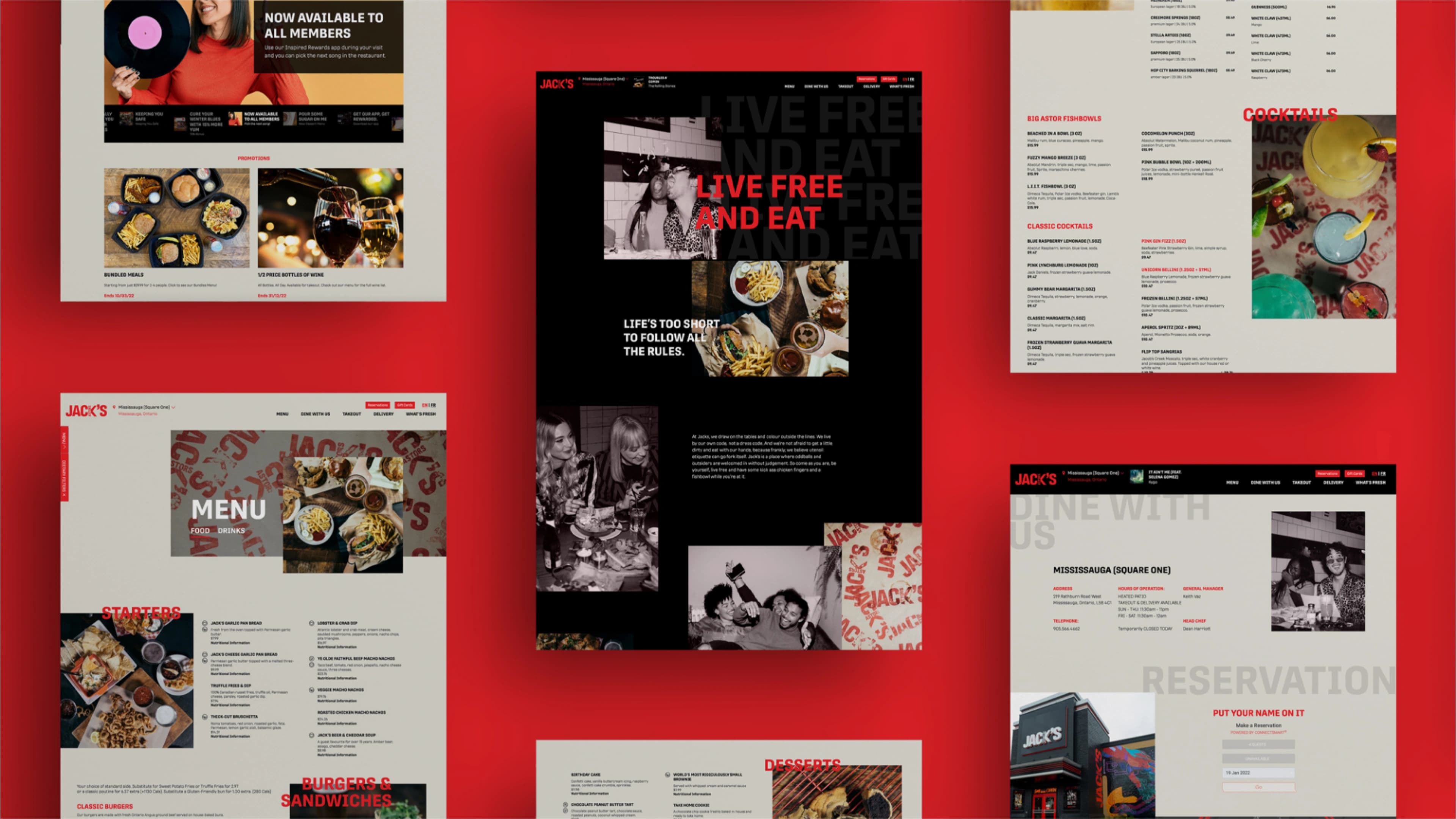 The redesigned Jack's website — a dark homepage hero reading 'Live Free and Eat' beside a light menu page listing food and drinks