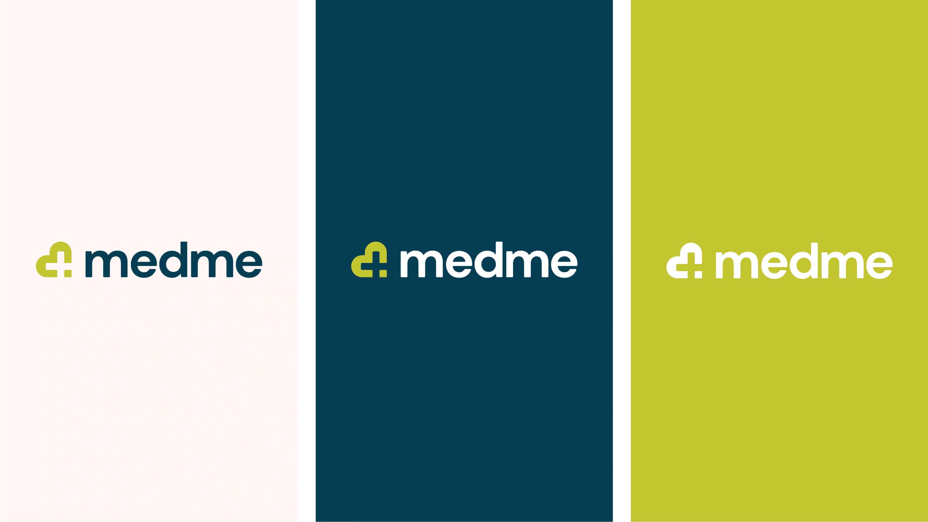 The medme logo shown in three lockups — navy on cream, cream on navy, and white on olive