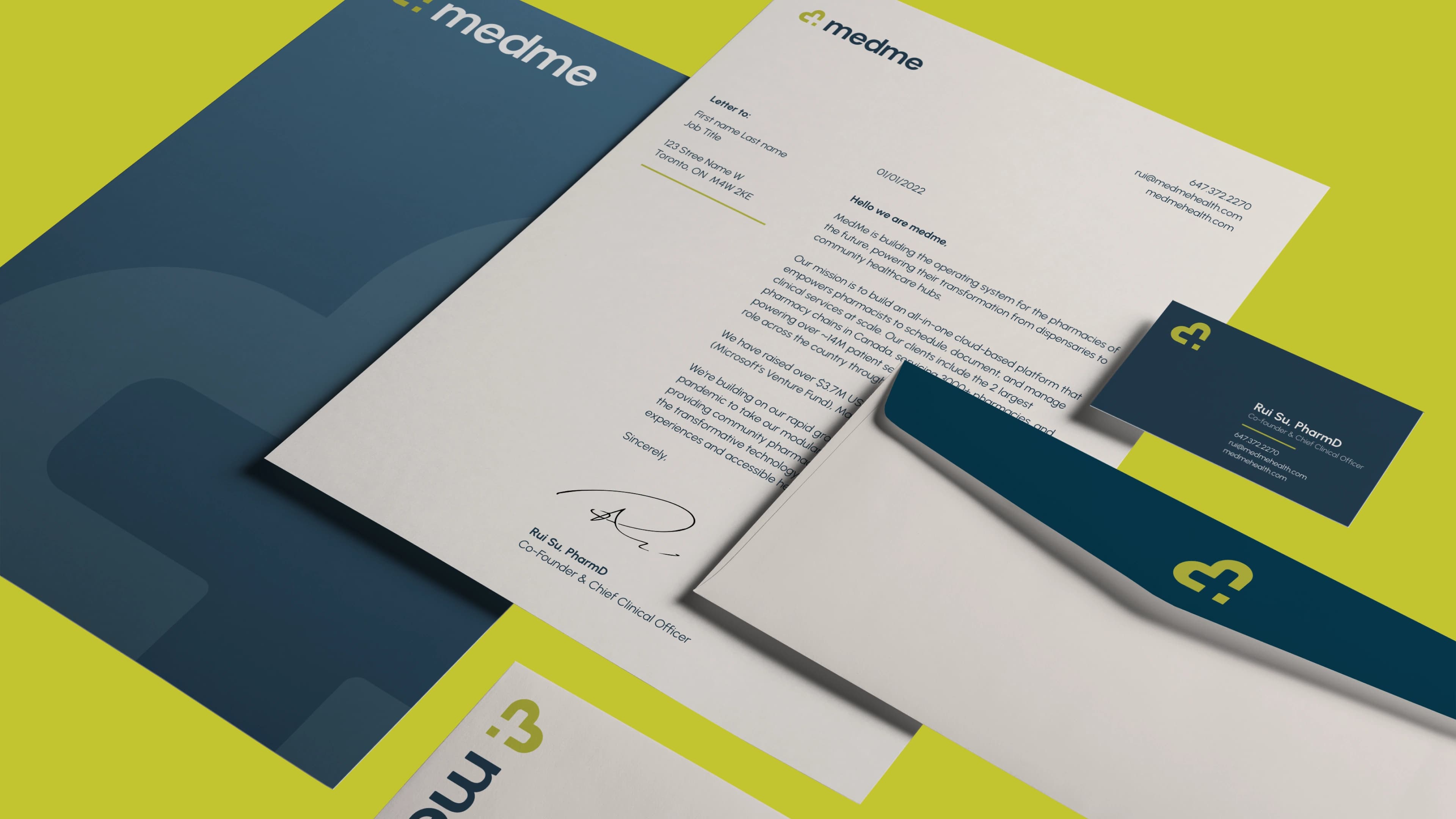 medme stationery — a letterhead, envelope, and business cards for Rui Su, PharmD, in navy and olive