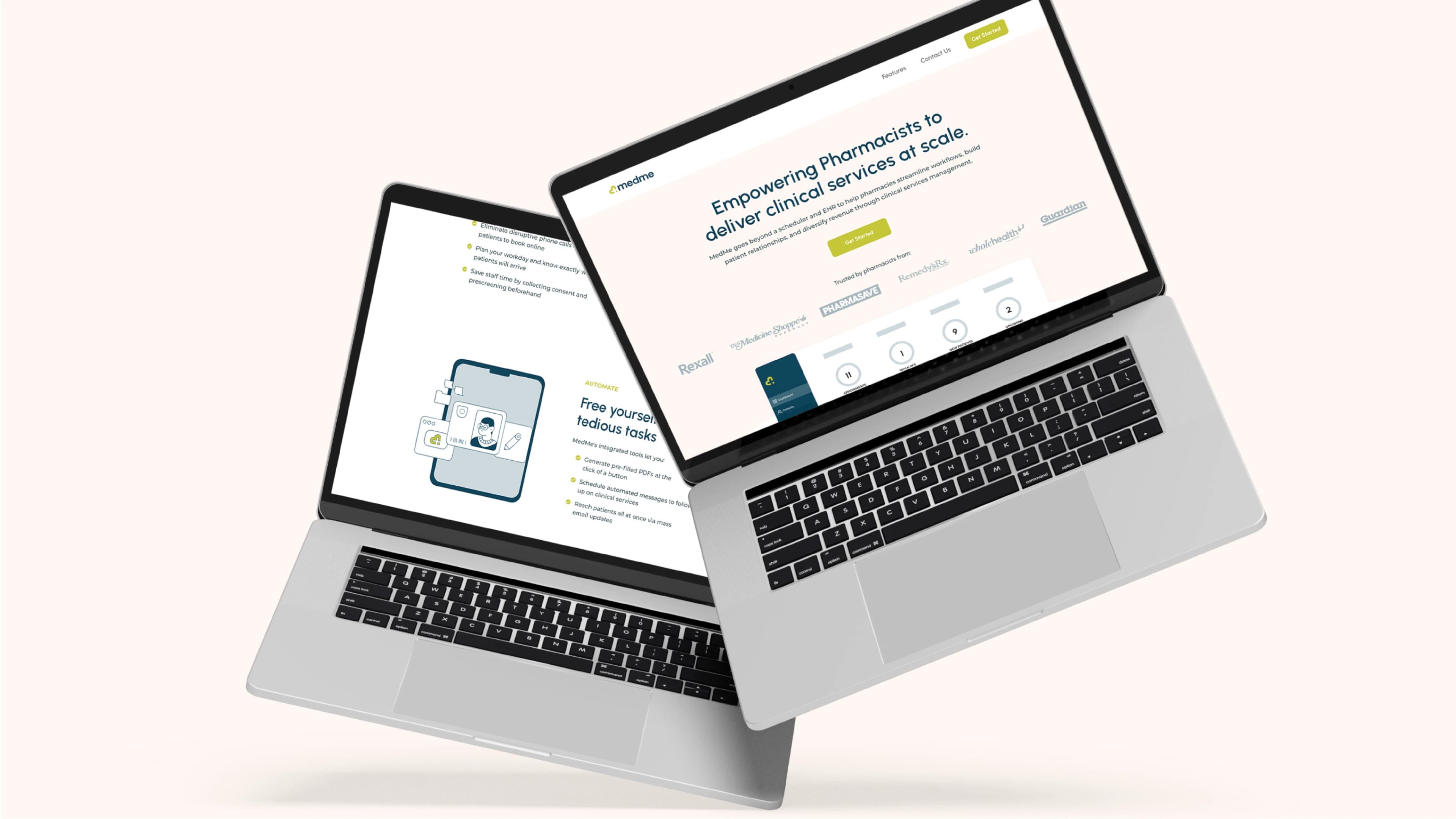 The medme website shown on two laptops — 'Empowering Pharmacists to deliver clinical services at scale', with logos of pharmacy partners including Rexall and Pharmasave