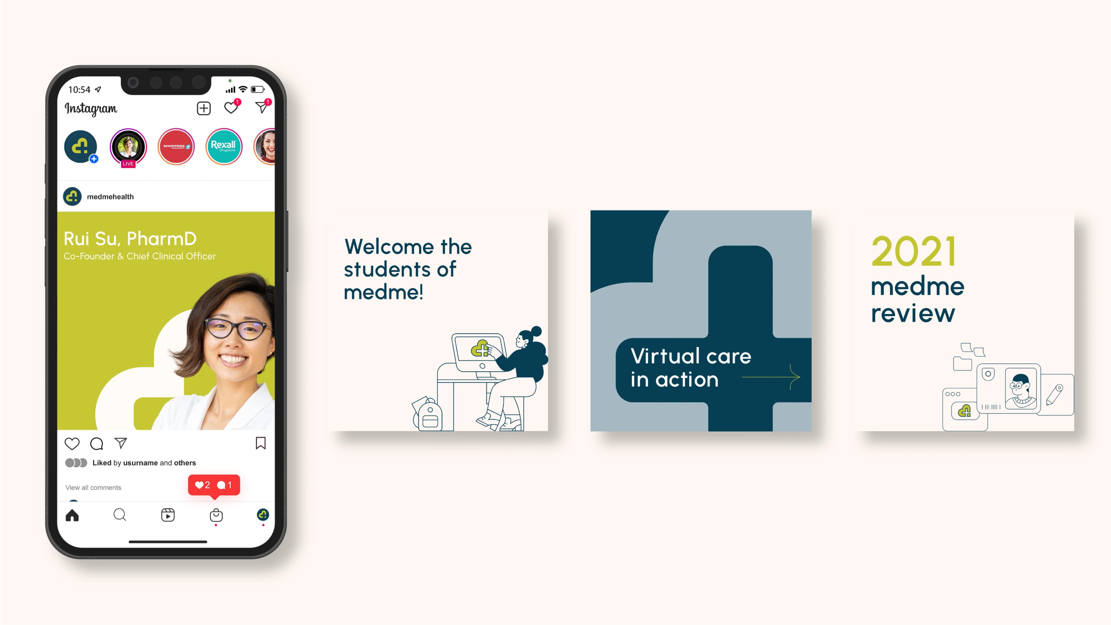 medme social content — an Instagram feature on Rui Su, PharmD, alongside 'Welcome the students of medme', 'Virtual care in action', and a 2021 year-in-review post