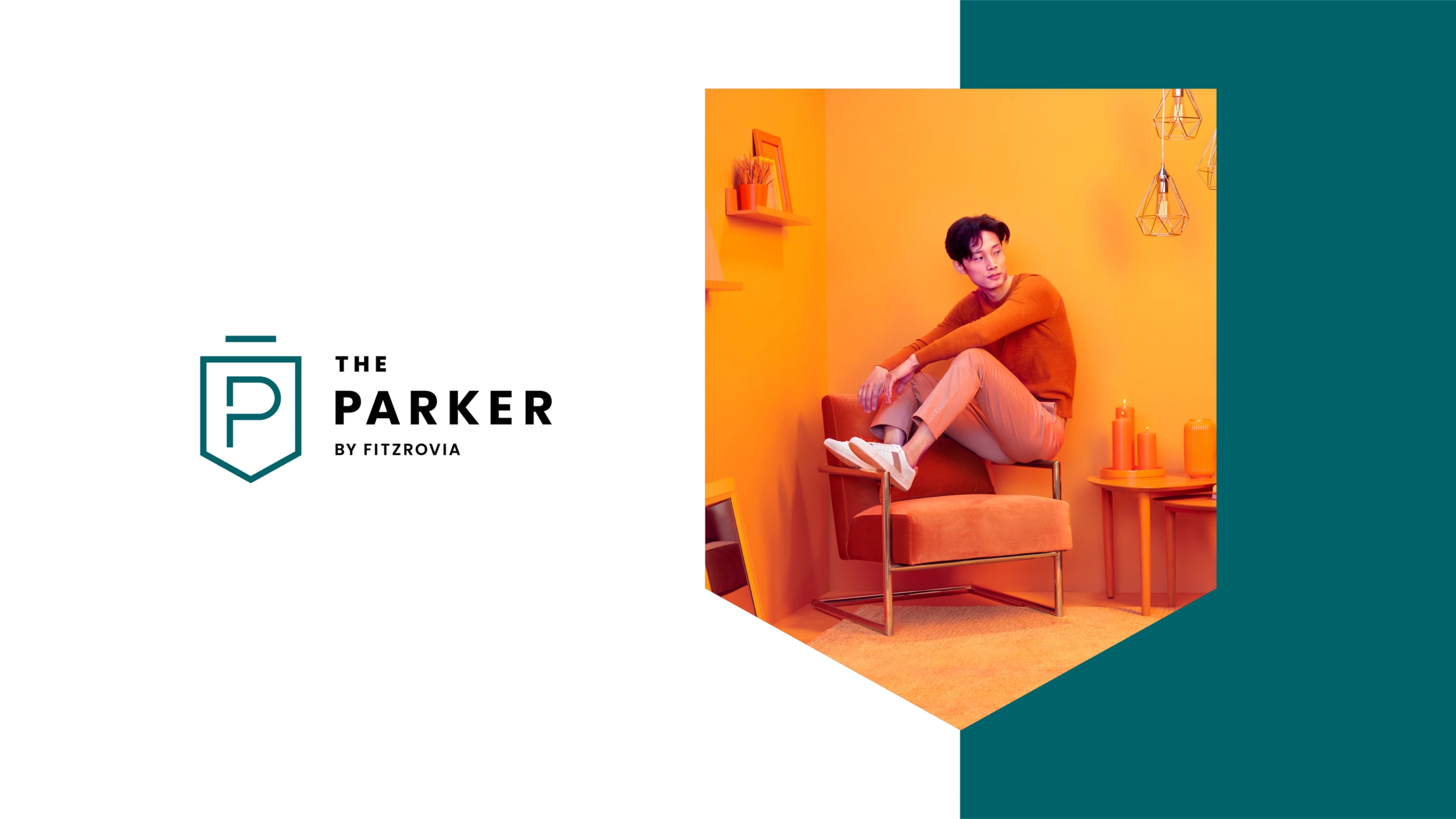 The Parker logo and wordmark beside a photoshoot portrait — a man seated in an orange armchair against a matching orange room