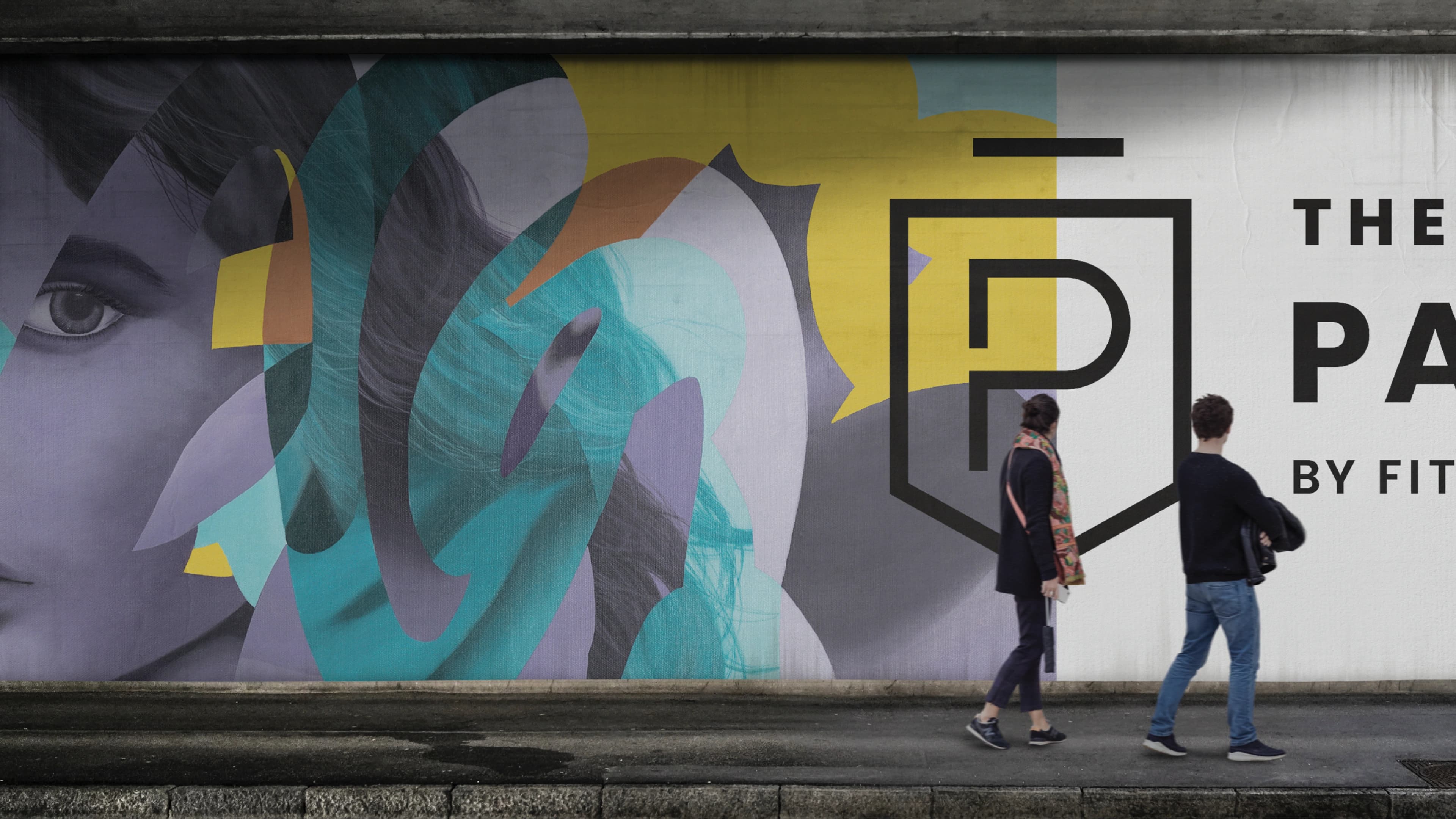 A street-level wall mural for The Parker by Fitzrovia, with two pedestrians walking past
