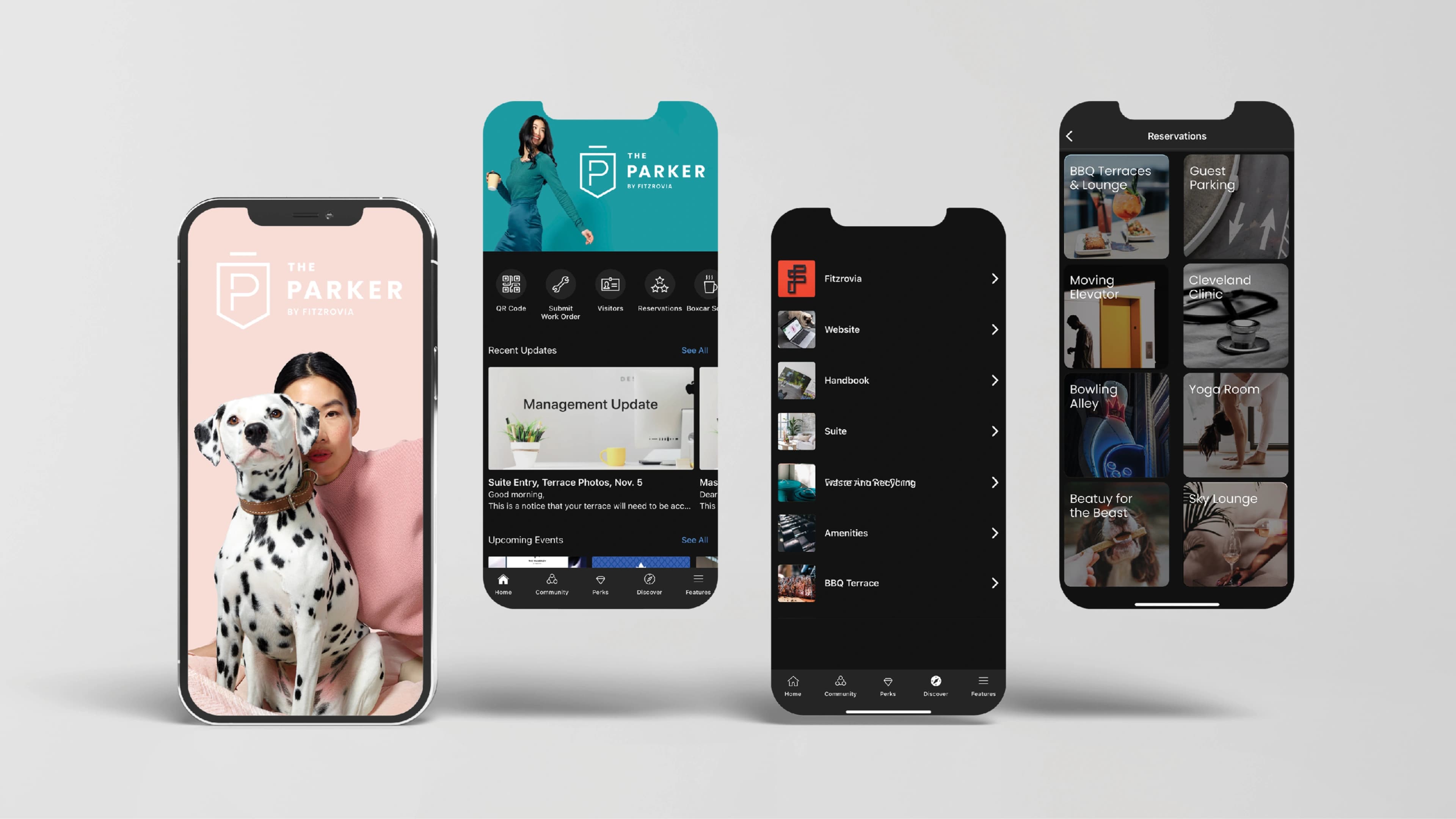 Four screens from The Parker's resident app, covering quick actions, community updates, the amenities directory, and reservations