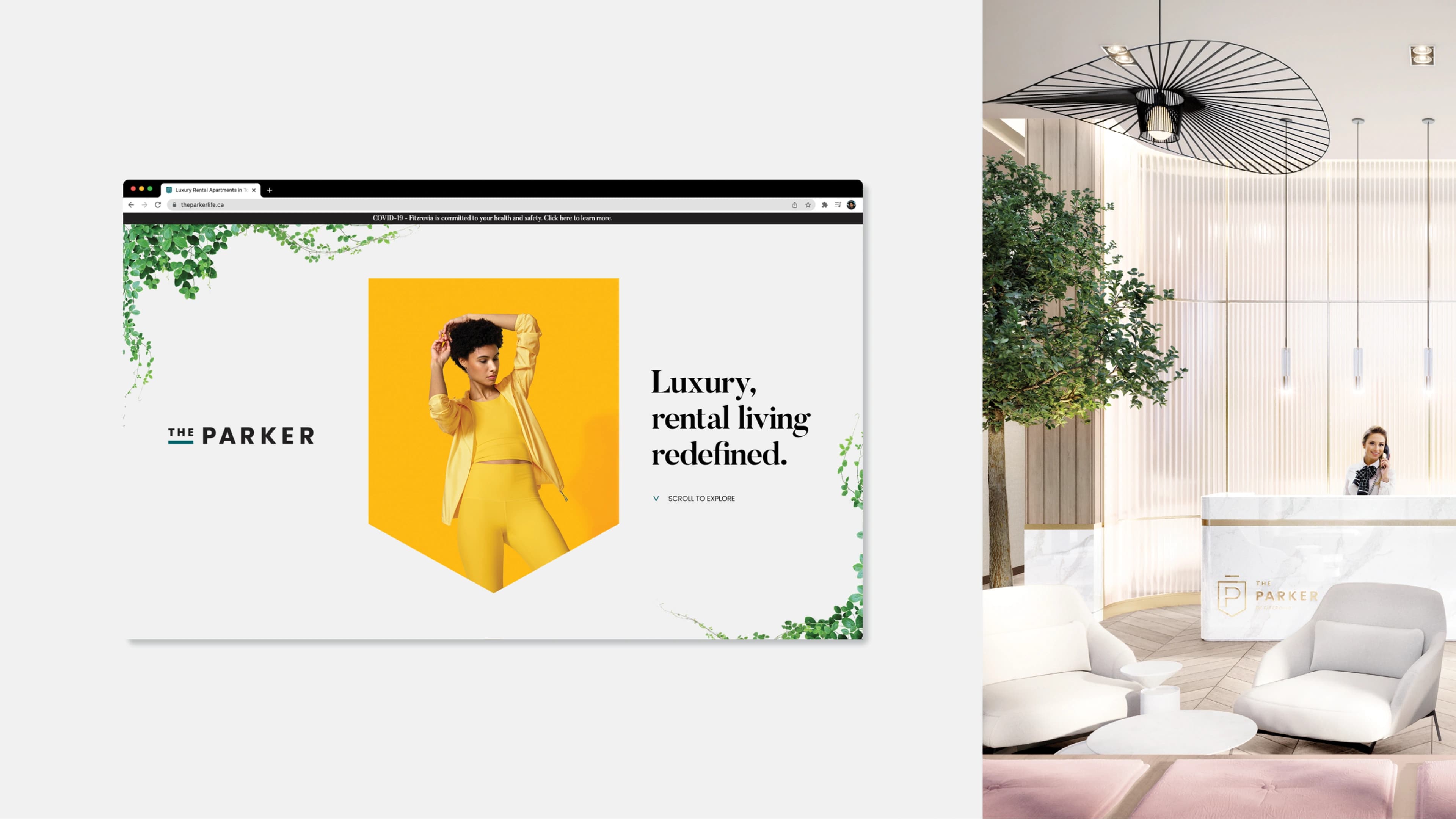The Parker's website — 'Luxury, rental living redefined' — beside a render of the building's lobby and reception desk