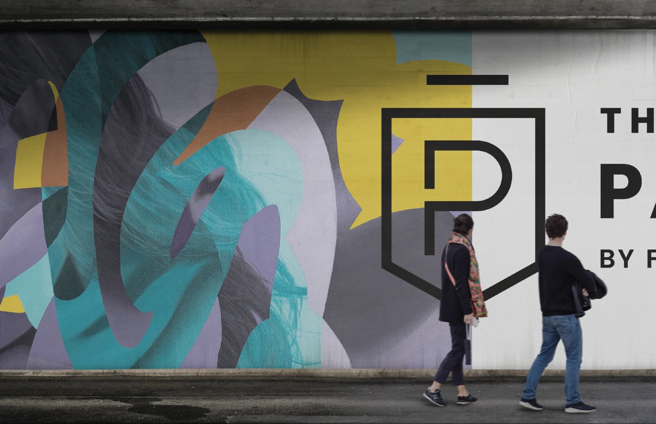 Street-level ad for The Parker — an abstract colourful mural beside the brand's geometric 'P' mark and wordmark, with two pedestrians walking past