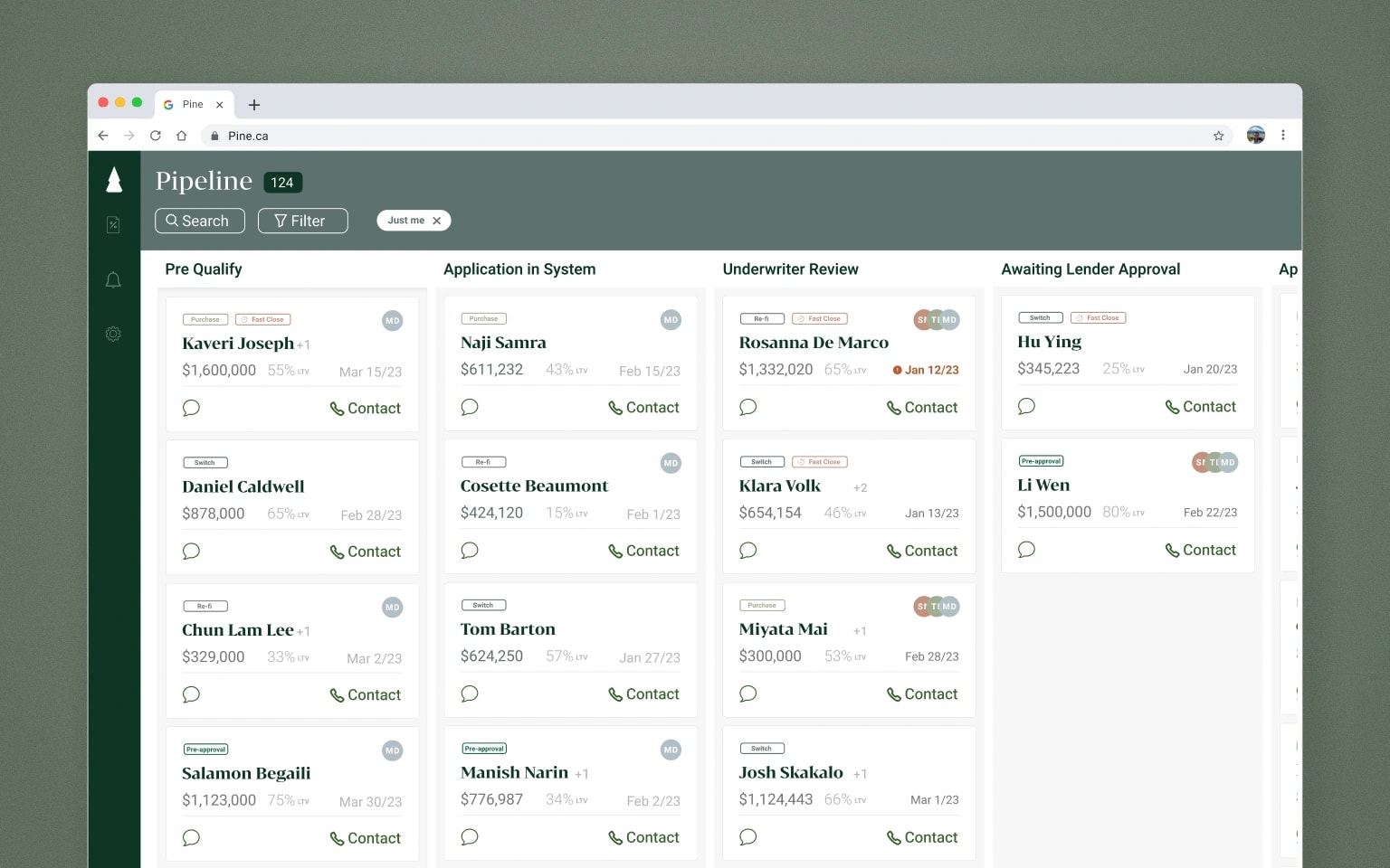 Evergreen's pipeline board, showing loan applications grouped by stage from Pre Qualify through Awaiting Lender Approval